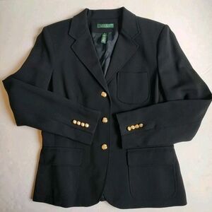 Ralph Lauren Women's 100% Wool Blazer Jacket Black Gold Buttons Pockets NWOT 10
